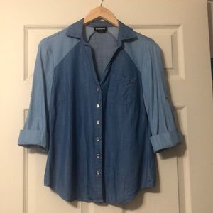Denim v neck button down top
